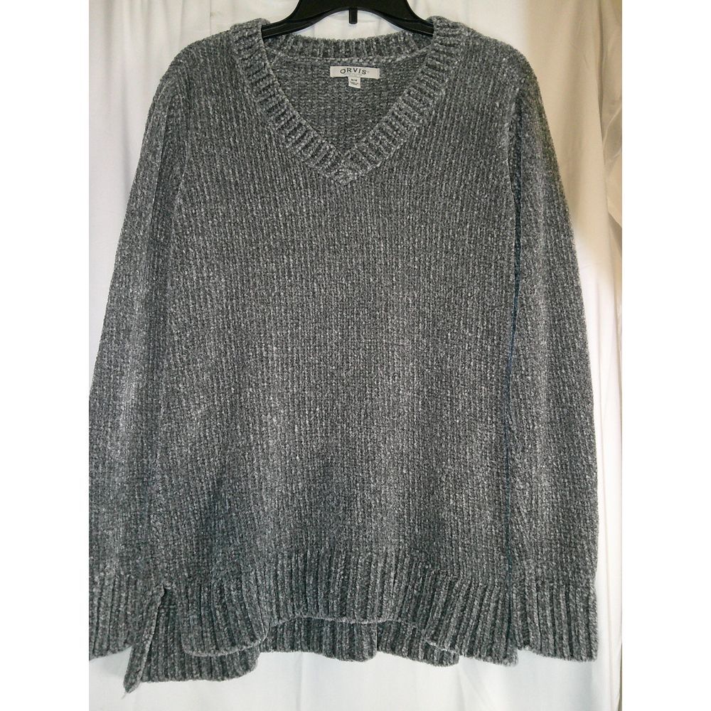 Orvis Gray Chenille V-Neck Sweater Cozy Casual‎ Oversized Knit Pullover M/M